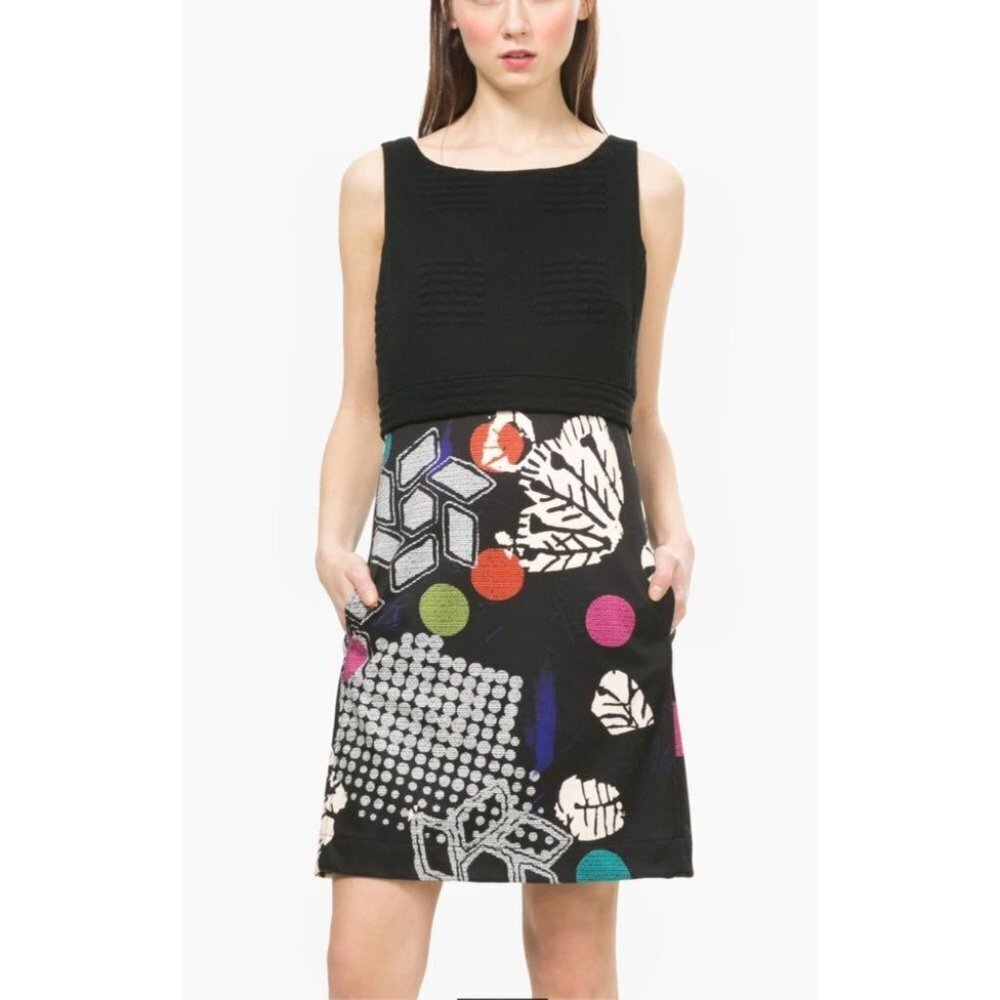 Desigual by C. Lacroix “Sheila” Black Multicolor Sleeveless Sheath Midi Dress ~M